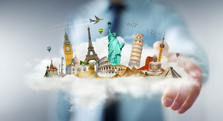 Businessman touching a cloud full of famous monuments with his finger 3D rendering