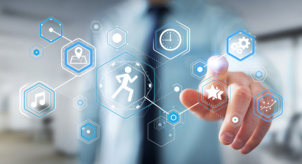 Young man using running application to check his performances 3D rendering