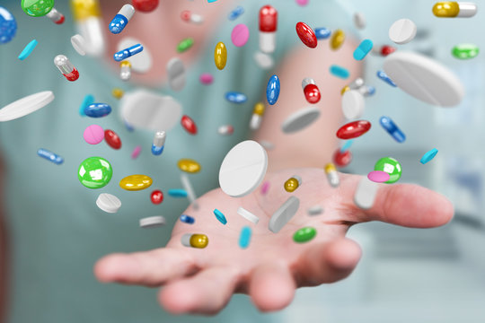 Businesswoman holding and touching floating medicine pills 3D rendering
