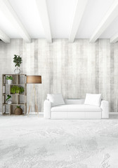 White bedroom minimal style Interior design with wood wall and grey sofa. 3D Rendering. 3D illustration