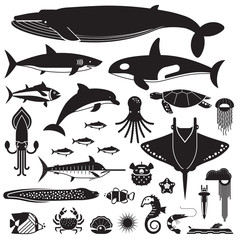 Naklejka premium Podwodne zwierzęta i ikony stworzeń morskich. Ryby morskie i morskie oraz inne kolekcje sylwetek życia wodnego. Ilustracja wektorowa płetwal błękitny, devilfish, delfin, orca, ośmiornica, mięczaki.