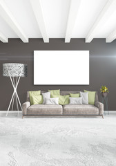 White bedroom minimal style Interior design with wood wall and grey sofa. 3D Rendering. 3D illustration