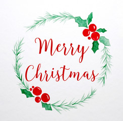 Merry Christmas wreath watercolor drawing on white paper background, Christmas greeting card background