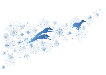 New Year background with dogs and snowflakes