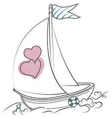 Love boat with two hearts on the waves of hearts. Valentine's Day and wedding illustration. - 172047892