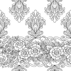 Floral seamless pattern with butterflies.  Stock vector illustration. Outline hand drawn.