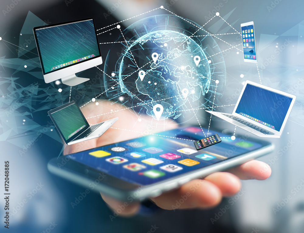 Poster computer and devices displayed on a futuristic interface with interantional network - multimedia and