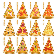 Vector set slices of italian Pizza: 12 labels for pizzeria menu with title text, triangular pieces different kinds of pizza top view with original font, design signs for pizza in fast food restaurant.