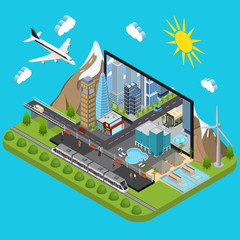 City on a Laptop Concept Isometric View. Vector