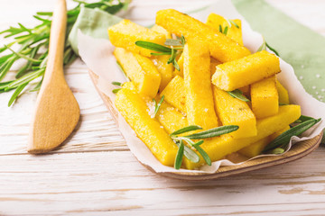 Polenta fries with rosemary. Italian appetizers. Top view.