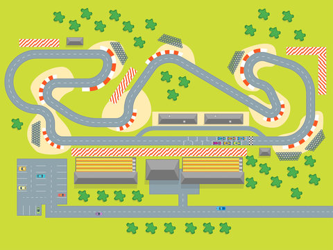 Cartoon Race Track With Cars Top View. Vector