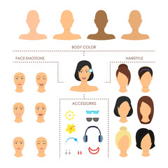 Cartoon Woman Face Constructor Element Set. Vector
