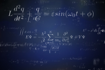 Background of many physical equations and formulas. 3D rendered illustration. - obrazy, fototapety, plakaty