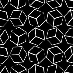 Completely seamless, abstract cube pattern. Black and white design, geometric 3d background. Drawing brush and chalk.