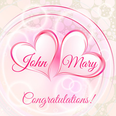 Wedding greeting of a light pink shade with two hearts