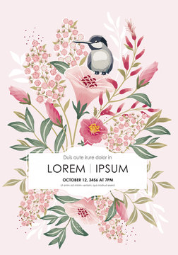 Fototapeta  Vector illustration with a cute bird on a floral branch in spring for Wedding, anniversary, birthday and party. Design for banner, poster, card, invitation and scrapbook  
