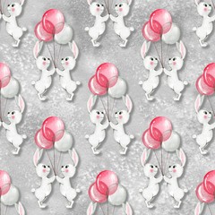 Modèle sans couture avec des lapins blancs de dessin animé et des ballons. Fond aquarelle 3