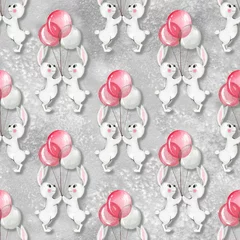 Papier Peint photo Lapin Modèle sans couture avec des lapins blancs de dessin animé et des ballons. Fond aquarelle 3