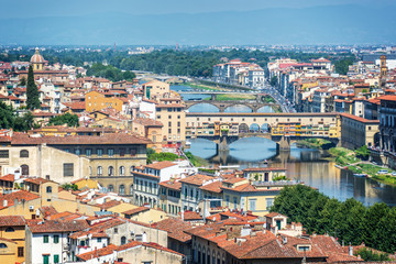Fototapeta na wymiar Aerial view of Florence with the Ponte Vecchio and the Arno river, Tuscany, Italy