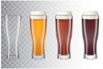 Set of realistic tall beer glasses with different main types of beer. Classic light beer, dark, red and empty glass on transparent background. Vector illustration of a 3d style