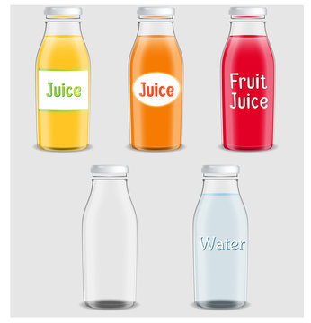 Juice products ad. Vector 3d illustration. Bottles template design. Fruit juice brand packages advertisement poster layout. Full and empty glass bottles