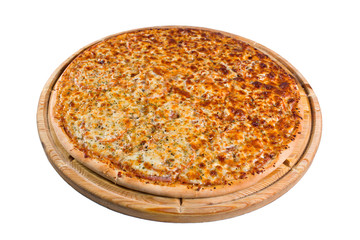 pizza with different varieties of cheese on wooden board. for a directory or menu