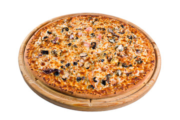 pizza for a directory or menu with shrimps on wooden board