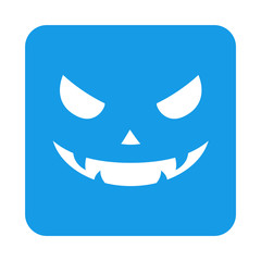 Icono plano sonrisa calabaza Halloween en cuadrado azul