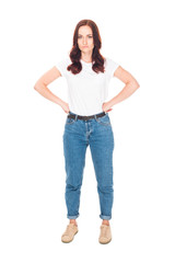 dissatisfied girl in jeans