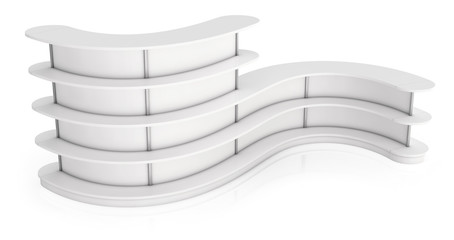 Curved shelving with shelves for exhibitions and sales. 3d image