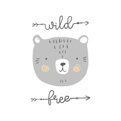 stylized colored hand drawn Illustration of cute bear head with wild and free quote. design for kids print clothing textile cards and other