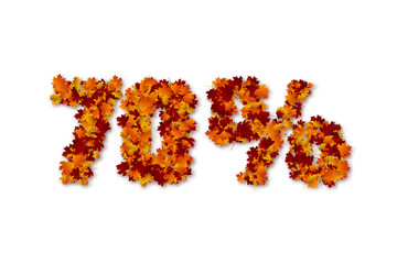 70 percent autumn leaves sale sign. Isolated on white background. Vector illustration.