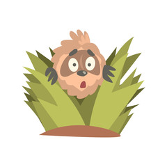 Cute cartoon astonished sloth character looking out of the bushes, funny tropical animal vector Illustration