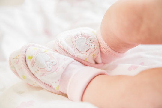 feet of a newborn girl in the booties with a picture of a penguin close up. the concept of childhood