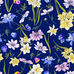 Outline floral seamless pattern with flowers in vintage style. S