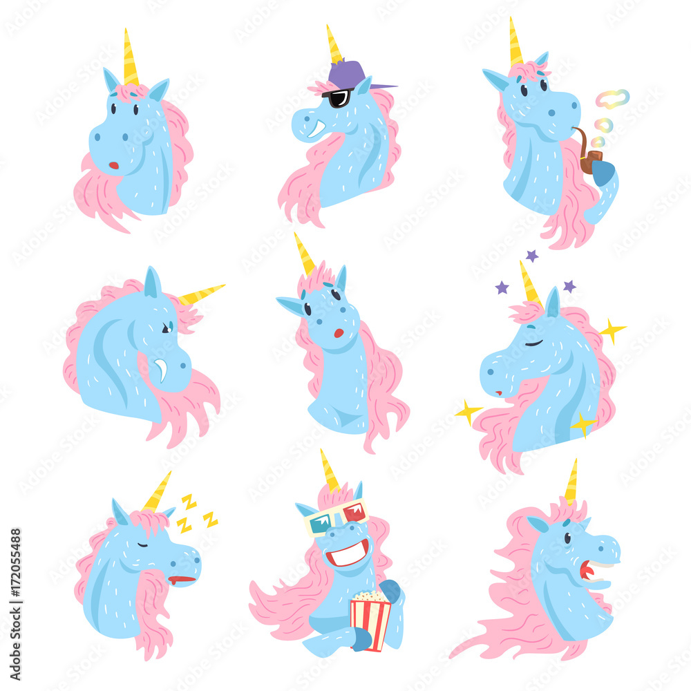 Poster funny unicorn characters with different emotions set colorful vector illustrations