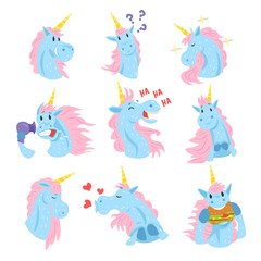 Cute unicorn characters set, funny mythical animals with different emotions set colorful vector Illustrations