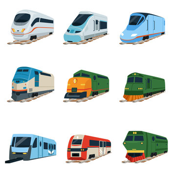 Retro and modern trains locomotive set, railway carriage vector Illustrations