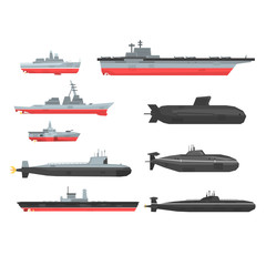 Fototapeta premium Naval combat ships set, military boats, ships, submarine vector Illustrations