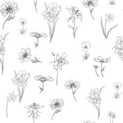 Outline floral seamless pattern with flowers in vintage style. S
