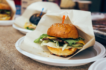 Fresh burgers on market shelf