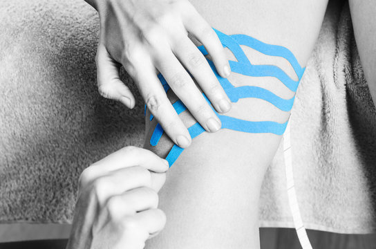 Lymphatic knee technique, two fan strips. Kinesiology Tape in silhouette, color and black and white