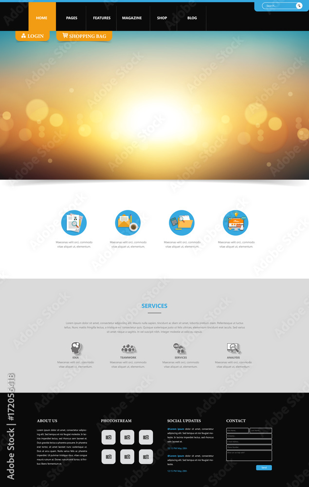 Poster one page website template, simple and clean design with blurred header design. vector illustration.