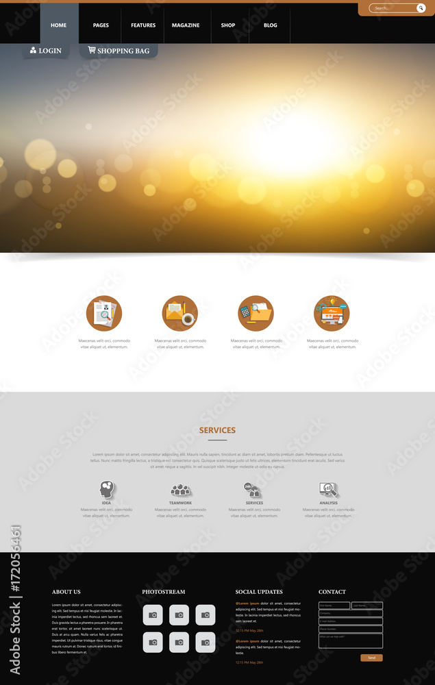 Poster one page website template, simple and clean design with blurred header design. vector illustration.