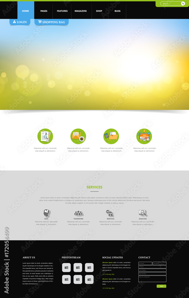 Poster one page website template, simple and clean design with blurred header design. vector illustration.