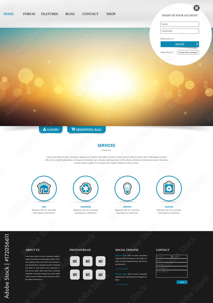 Poster one page website template, simple and clean design with blurred header design. vector illustration.