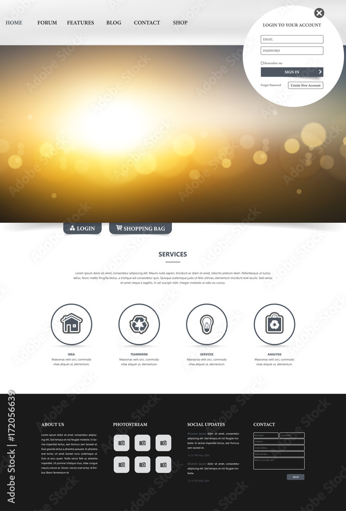 Poster one page website template, simple and clean design with blurred header design. vector illustration.