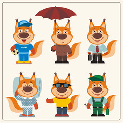 Collection isolated squirrel in clothing in cartoon style. Set funny Squirrel in different clothing: sportsman, worker, manager, summer, autumn, sleepwear.