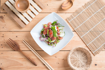 Chinese sausage salad with lime, cucumber and shallot