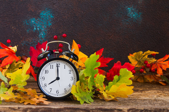 Autumn time - fall multicolored leaves with alarm clock
